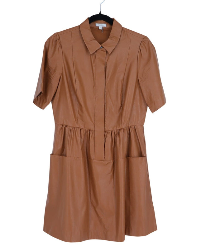 Tyler Boe Mitzi Vegan Leather Dress Light Brown Collared Short Sleeve Women's M