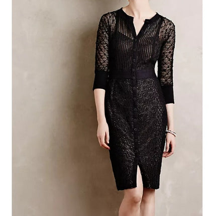 BEGUILE BY BYRON LARS Mona Lace Dress Black Sheath Long Sleeve Women's 6