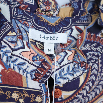 TYLER BOE Michelle Patchwork Mini Dress Brown Multi NWT Popover Ruffle Women's M