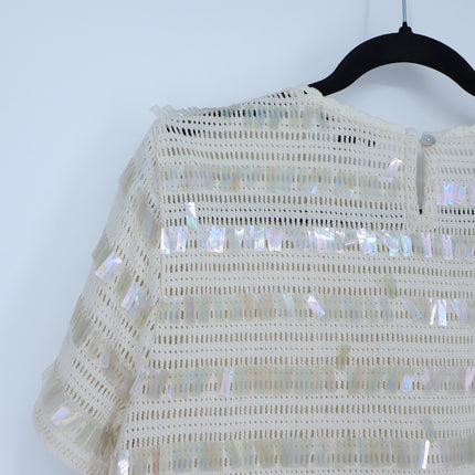 J. Crew Sequin Open Knit Top Cream NWT Round Neck Short Sleeve Women's S