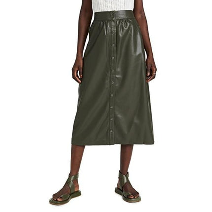 Sea NYC Lena Vegan Leather Skirt Green Midi A Line Full Button Front Women's 6