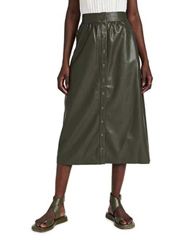 Sea NYC Lena Vegan Leather Skirt Green Midi A Line Full Button Front Women's 6