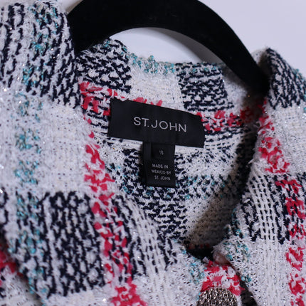ST. JOHN Plaid Longline Jacket Multicolor Tweed Straight Cut Unlined Women's 18