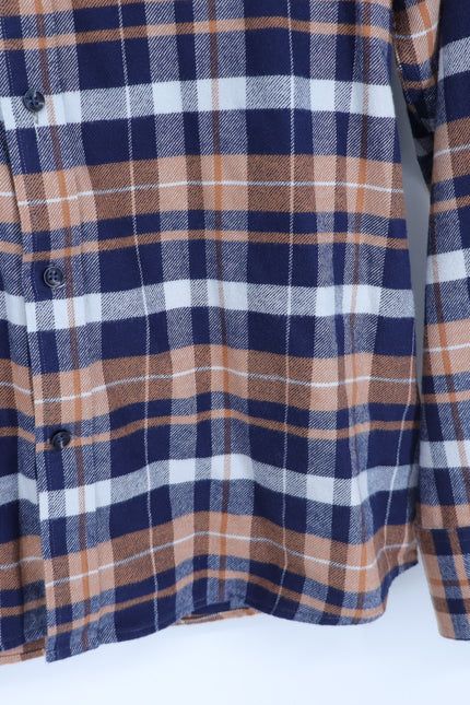 NORDSTROM Trim Fit Shirt Navy and Orange Plaid Button Down Long Sleeve Men's L