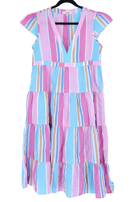LEMLEM Liya Kebede Tiered Dress Striped Pink Multi Midi Flutter Sleeve Women's M