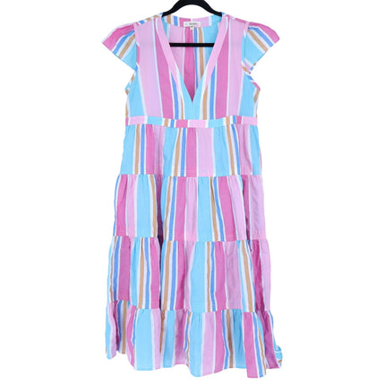 LEMLEM Liya Kebede Tiered Dress Striped Pink Multi Midi Flutter Sleeve Women's M