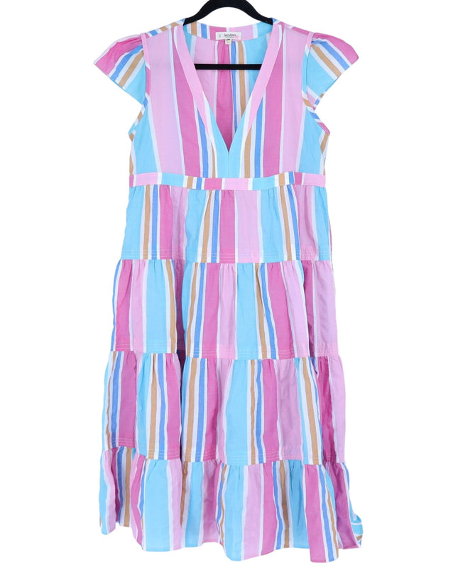 LEMLEM Liya Kebede Tiered Dress Striped Pink Multi Midi Flutter Sleeve Women's M
