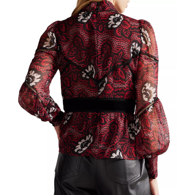 Ted Baker Alexxei Blouse Ladder and Velvet Trim Red Black Long Sleeve Women's 2