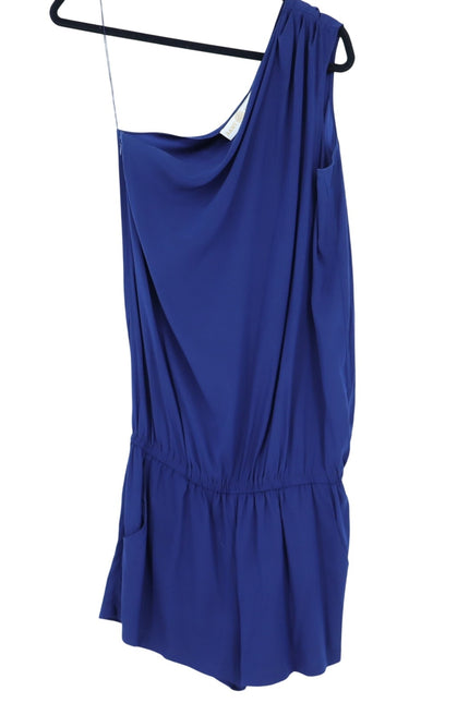 RAMY BROOK Navy Silk Lulu Romper Blue One Shoulder Draped Sleeve Women's L
