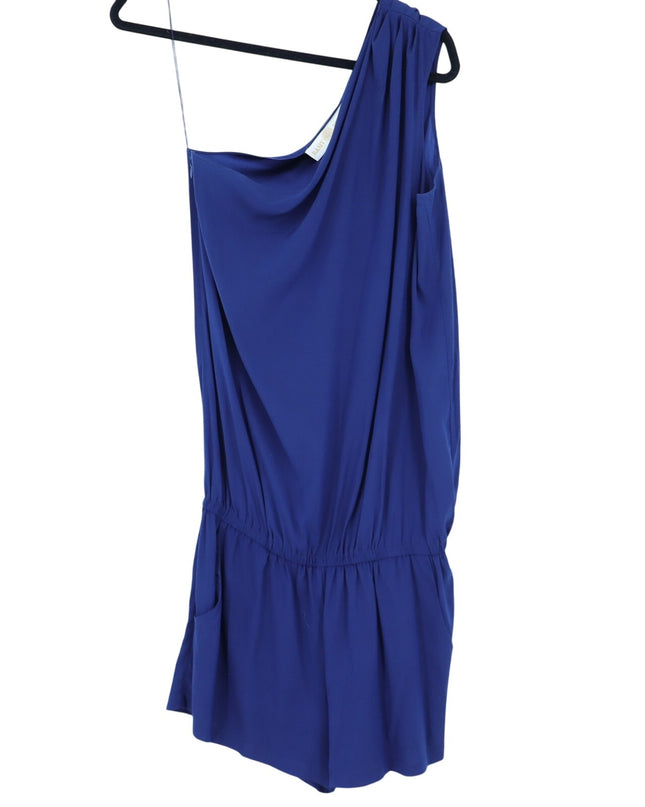 RAMY BROOK Silk Lulu Romper Navy Blue One Shoulder Draped Sleeve Women's L