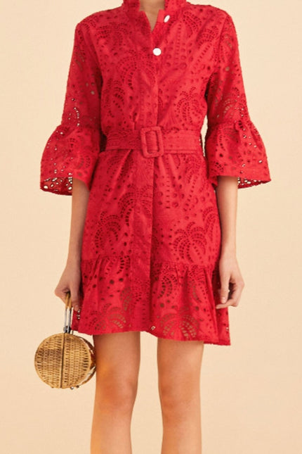 FARM RIO Red Palm Tree Eyelet Mini Dress Belted Long Sleeve Women's M