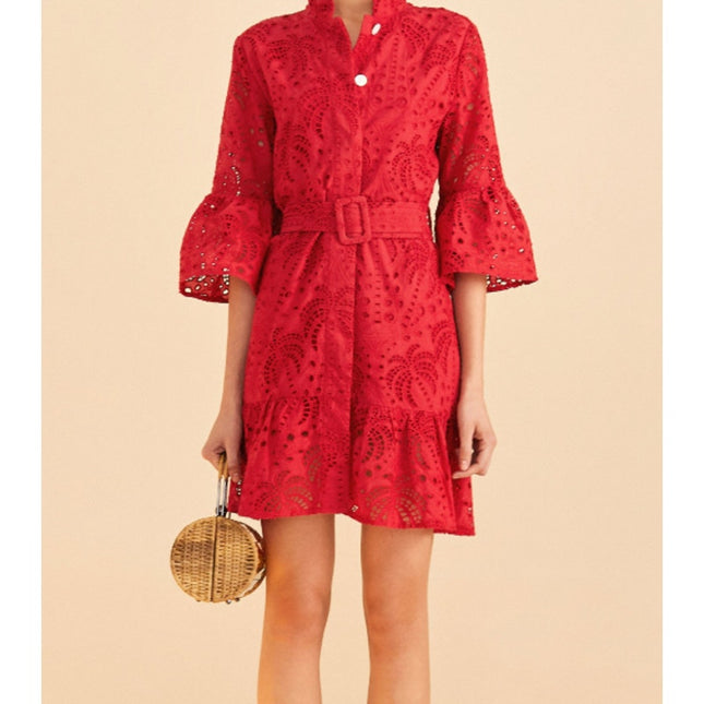 FARM RIO Red Palm Tree Eyelet Mini Dress Belted Long Sleeve Women's M
