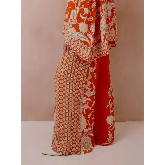 Raishama Studio Sapphira Trousers Orange Floral Palazzo Pull On Women's 10