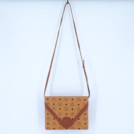 MCM Vintage Visetos Envelope Monogram Crossbody Bag Cognac and Black