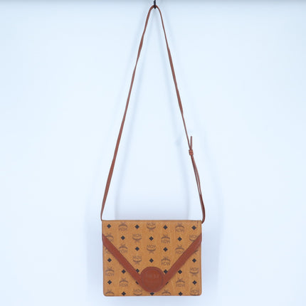 MCM Vintage Visetos Envelope Monogram Crossbody Bag Cognac and Black