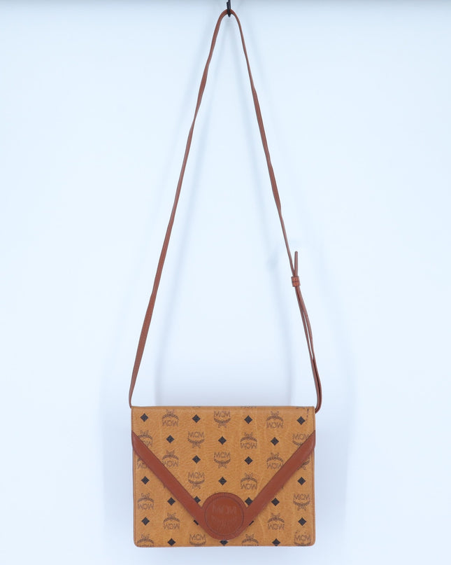 MCM Vintage Visetos Envelope Monogram Crossbody Bag Cognac and Black