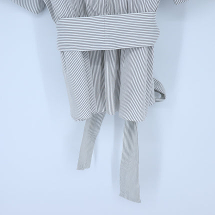 Vince Self Tie V Neck Blouse White Gray Striped Cuffed Sleeve Women's L