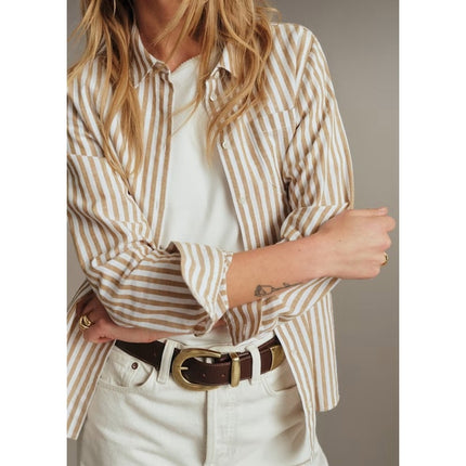Sezane Tomboy Shirt Ecru Camel Stripes Button Up Long Sleeve Women's 44/US 12