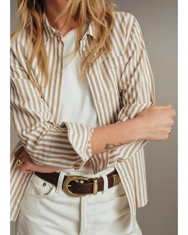 Sezane Tomboy Shirt Ecru Camel Stripes Button Up Long Sleeve Women's 44/US 12
