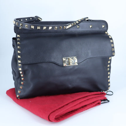 Valentino Garavani Rockstud Shoulder Bag Black Leather Turn Lock Purse