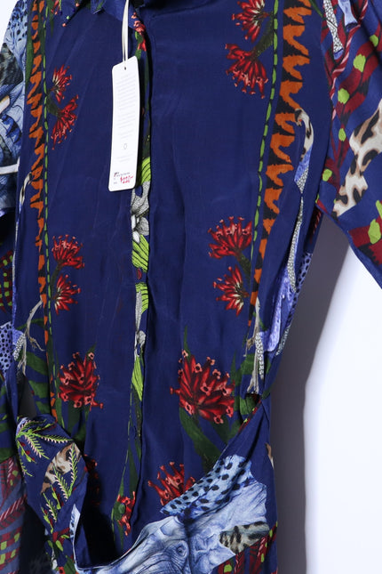 TAJ BY SABRINA Malta Blue Wrap Dress Embroidered Safari Print Women's XS