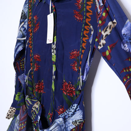 TAJ BY SABRINA Malta Blue Wrap Dress Embroidered Safari Print Women's XS
