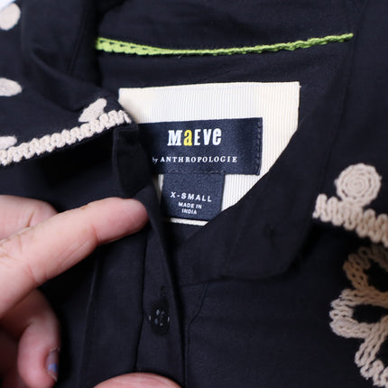 MAEVE Short Sleeve Collared Mini Shirt Dress Black Embroidered Casual Women's XS