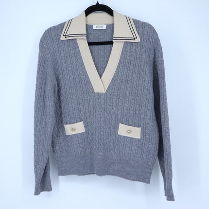 Sandro Nea Cable Knit Sweater Gray and Tan Collared Long Sleeve Women's 1/US S
