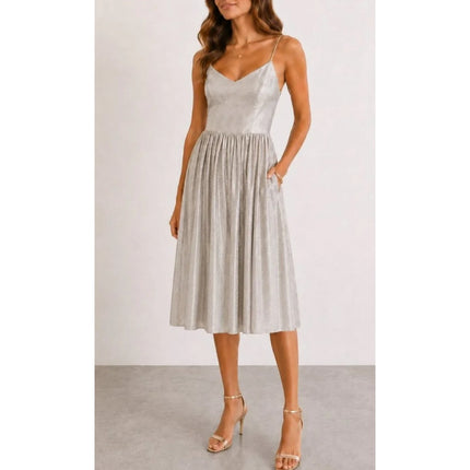 Elevenses Lunar Pleated Midi Dress Metallic Champagne Silver NWT Women's 0