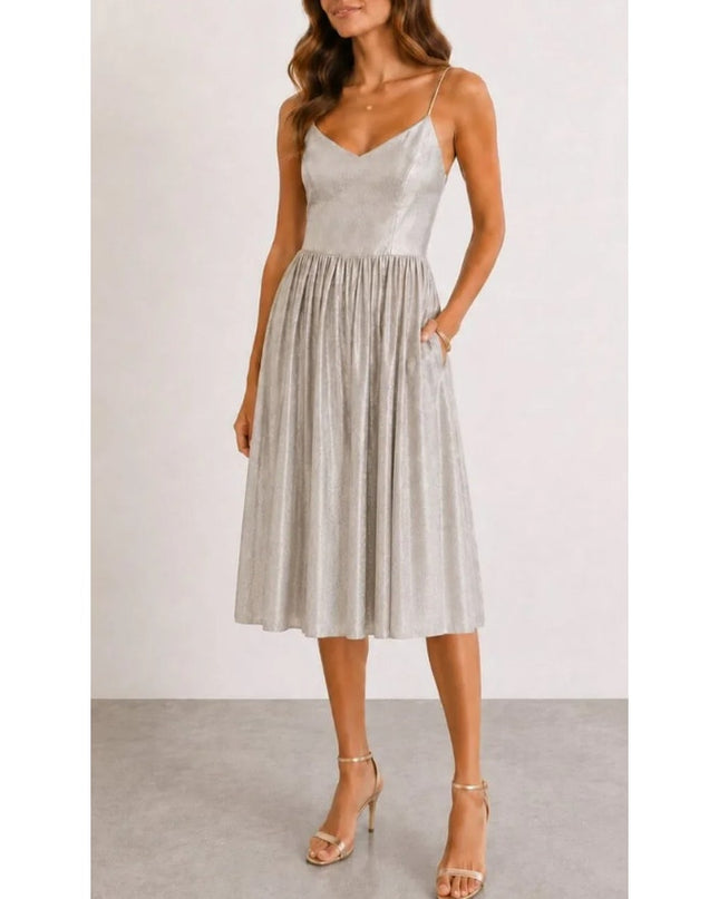 Elevenses Lunar Pleated Midi Dress Metallic Champagne Silver NWT Women's 0
