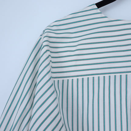 Frame V Neck Popover Blouse Green Gem Stripe Half Sleeve Women's M