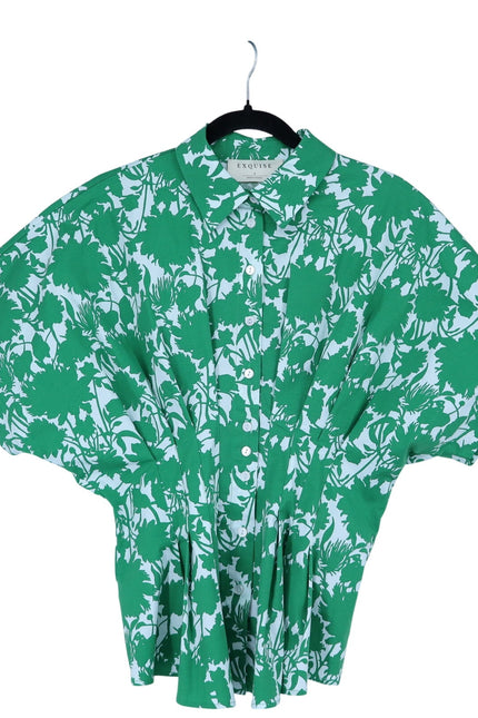 EXQUISE Green Tobie Blouse Short Sleeve Pleated Button Front Women's S