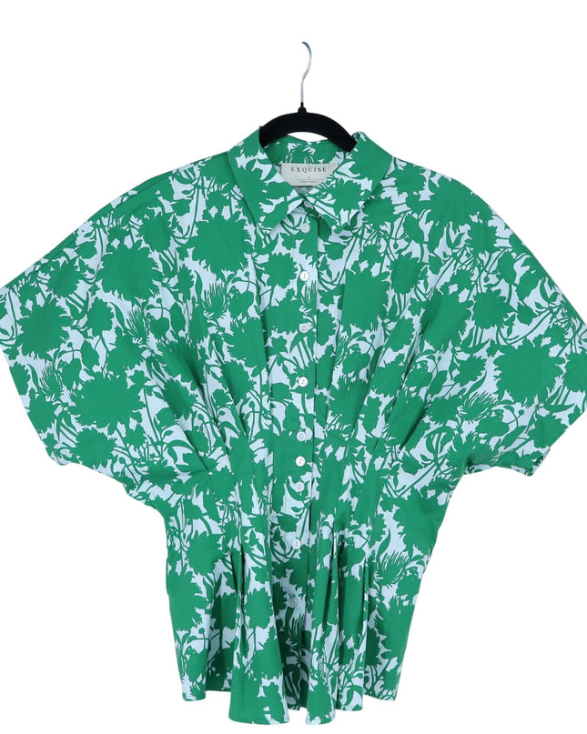 EXQUISE Green Tobie Blouse Short Sleeve Pleated Button Front Women's S