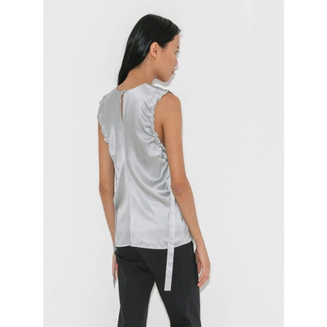 Helmut Lang Silk Sleeveless Blouse Silver Ruched Armhole Lightweight Women's S