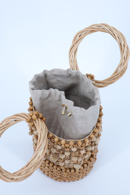 ROSANTICA Wicker and Bead Bucket Bag MSRP $2448 Natural Brown Raffia Boho
