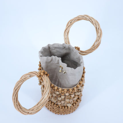 ROSANTICA Wicker and Bead Bucket Bag MSRP $2448 Natural Brown Raffia Boho