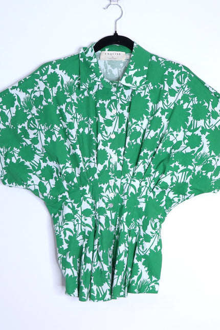 EXQUISE Madilynn Short Sleeve Pleated Blouse Green Button Front Women's XS