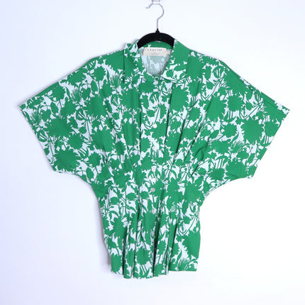EXQUISE Madilynn Short Sleeve Pleated Blouse Green Button Front Women's XS