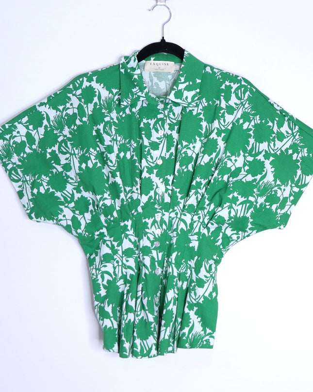 EXQUISE Madilynn Short Sleeve Pleated Blouse Green Button Front Women's XS