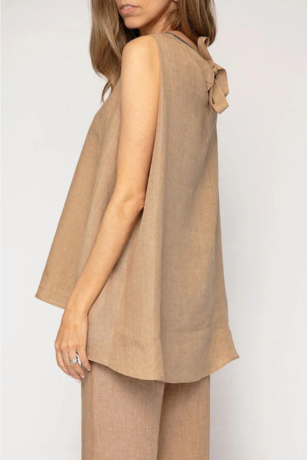 FABIANA FILIPPI Linen Tunic Top Fieno Brown Tie Up Back Sleeveless Women's 12/XL