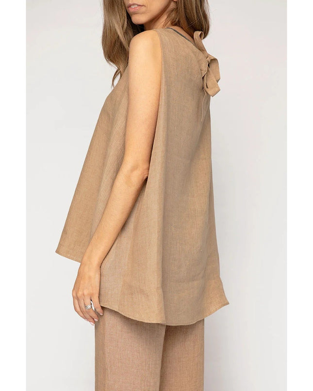 FABIANA FILIPPI Linen Tunic Top Fieno Brown Tie Up Back Sleeveless Women's 12/XL