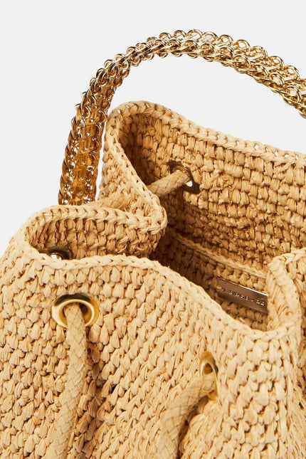 PACO RABANNE Natural Raffia Bucket Bag Gold Chain Link Top Handle Crossbody Bag