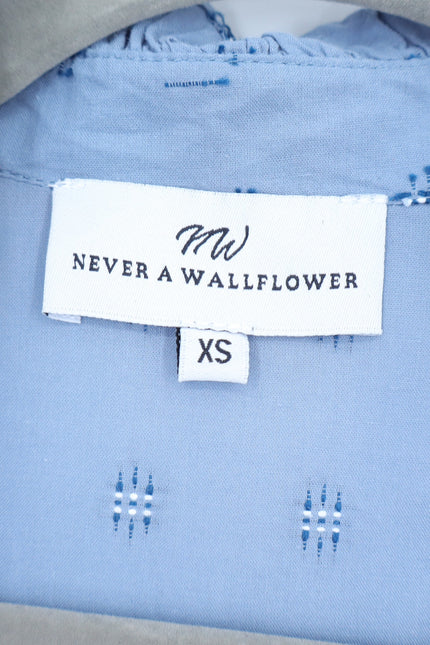 NEVER A WALLFLOWER High Neck Midi Dress Blue Cross Hatch Puff Sleeve Women's XS