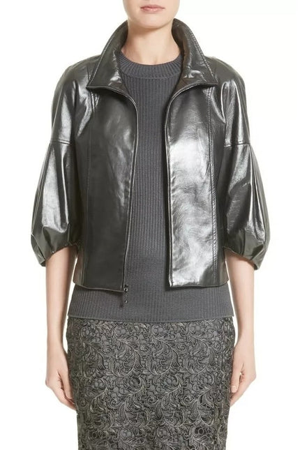 ST. JOHN Nappa Leather Jacket Dark Grey Silk Lined Half Sleeve Women's XL