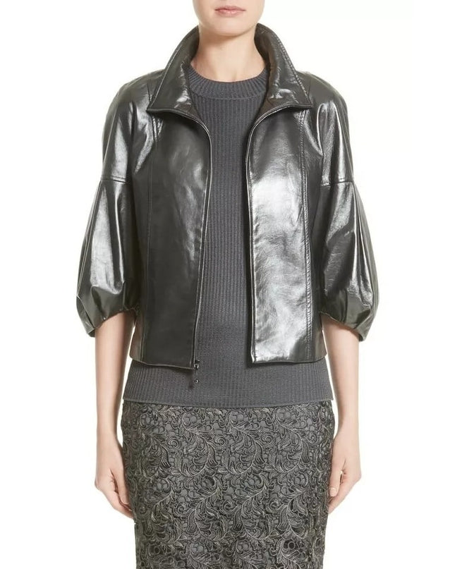 ST. JOHN Nappa Leather Jacket Dark Grey Silk Lined Half Sleeve Women's XL
