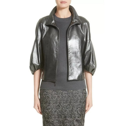 ST. JOHN Nappa Leather Jacket Dark Grey Silk Lined Half Sleeve Women's XL