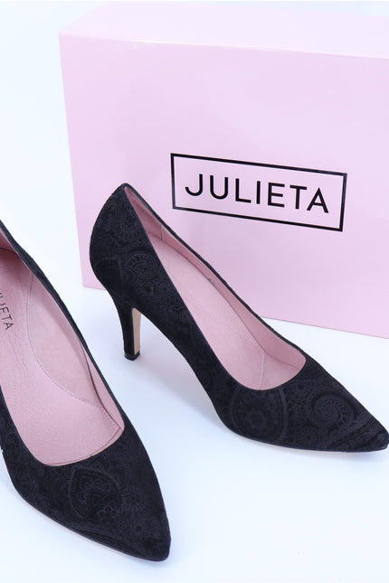 JULIETA Madrid Paisley Print Pumps Black Silver NWB Stilleto Heel Women's 6.5