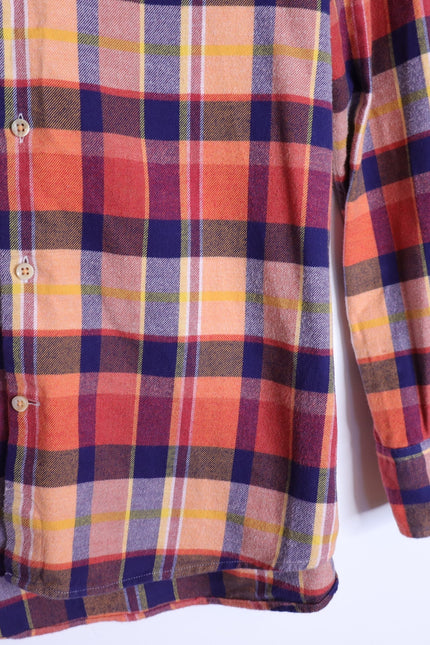 STENSTROMS Slimline Button Down Shirt Orange Multi Tartan Plaid Men's L