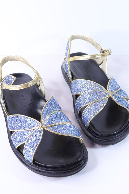MARNI Flat Glitter Sandals Blue and Gold Butterfly Ankle Strap Women's 38/US 8