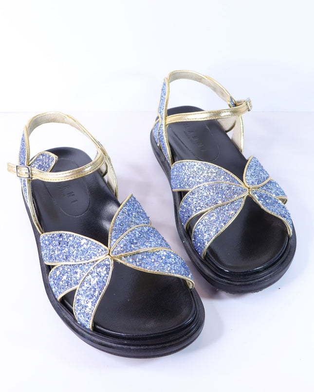 MARNI Flat Glitter Sandals Blue and Gold Butterfly Ankle Strap Women's 38/US 8